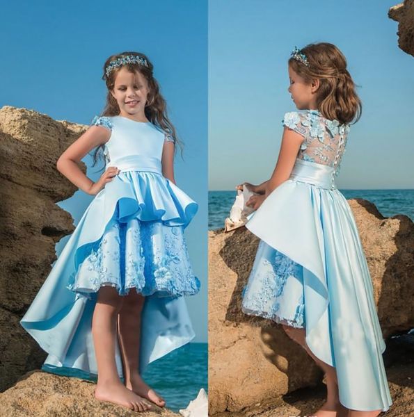 

lace appliqued tulle flower girls dresses open back girls birthday party dresses kids formal wear, White;blue