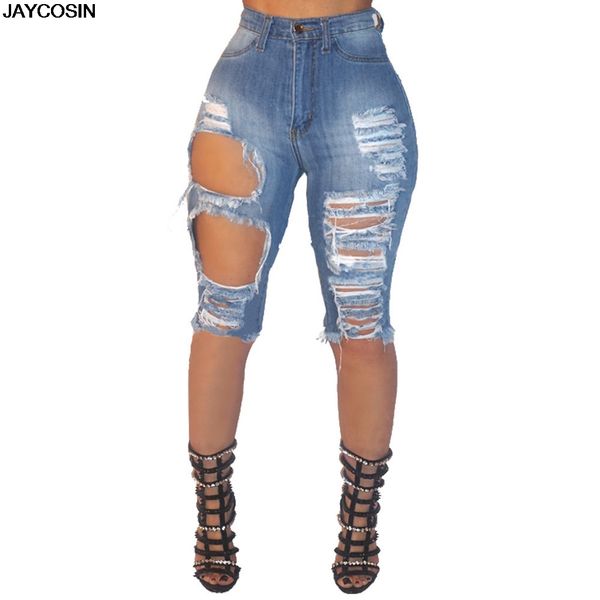 

jaycosin jeans summer women holes high waist zipped denim skinny fit mini shorts jeans clothing leg-openings plus size 9508, Blue