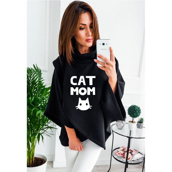 

cat mom cartoon print sweatshirts 2019 fashion scarf collar vintage casual women crop female plus sized hoodies women clothes, Black