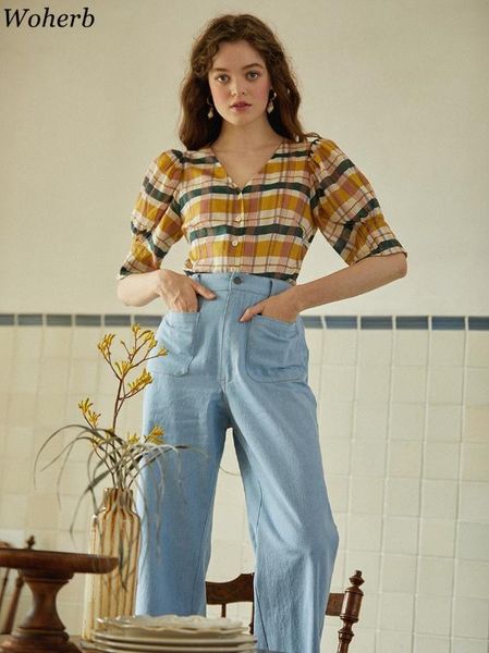 

woherb lantern short bubble sleeve shirt women v collar plaid summer, White