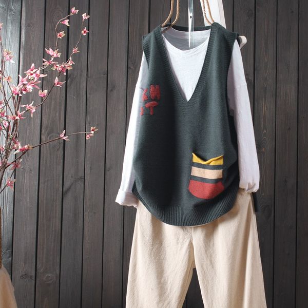 

literary 2019 spring and autumn new v-neck vest sweater female loose knit vest fan wild, Black;white