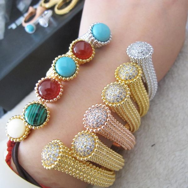 

discount sale 925 silver big colored natural stone cubic zircon head cuff small beads bangle bracelets party jewelry for women, Black