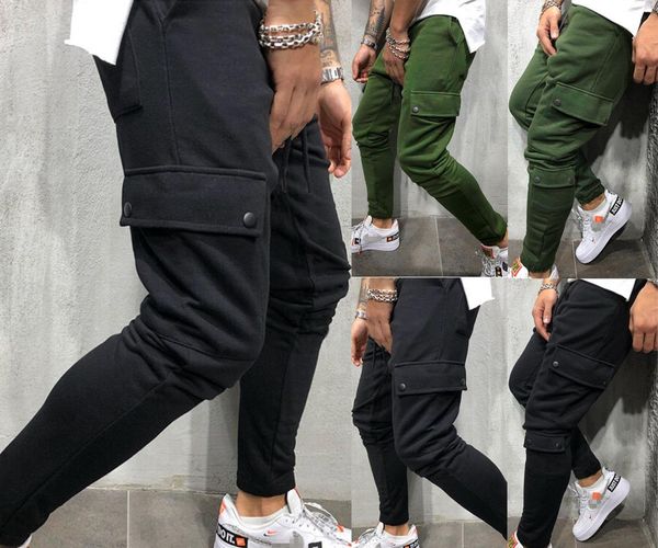 

men pockets hip hop stylish ankle-length cotton trousers tracksuit slim fitness workout sweatpants plus size m-3xl, Black