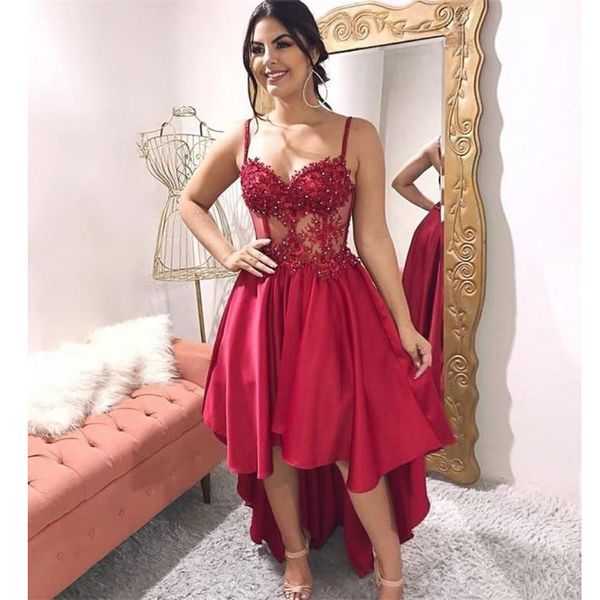 

spaghetti straps high low prom dresses with beaded applique see through bodice maid of honor cocktail party gowns, Black