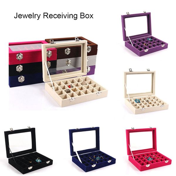 

women's jewlry accessories display boxes house jewlry decoration cabinets 24 grid earring ring storage box tray show case holder, Pink;blue