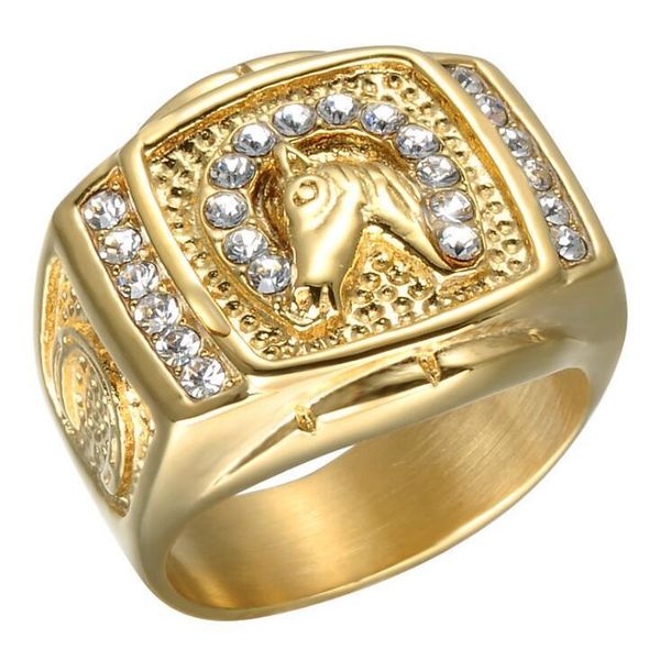 

gift men women rhinestone horsehead style ring fashion gold and silver titanium steel ring horse racing souvenir jewelry diamond ring, Golden;silver