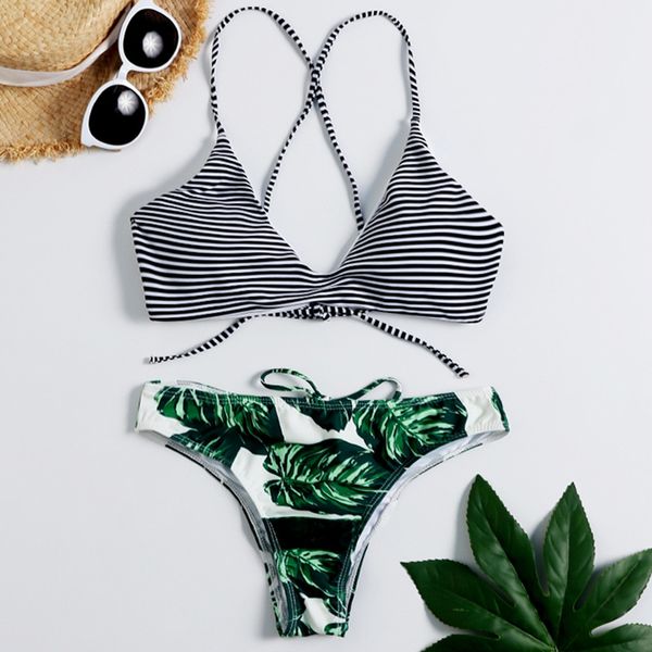 

Women Swimsuit Striped Leaf Print Swimwear Sexy Bikini Set Push Up Bandage Beach Wear Brazilian Biquini Female Bathing Suit 20Fb