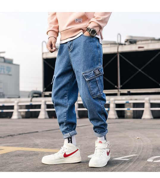 

zogaa mens jeans pants 2019 new streetwear blue hip hop pockets overalls cargo pants male loose cool denim harem jeans mid waist