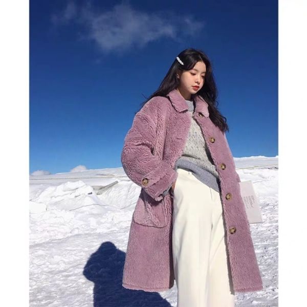 

fur-like lamb fur mid-long coat female autumn and winter 2019 new thickened lamb garment, Black