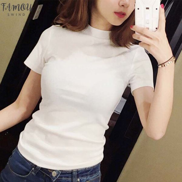 

women slim turtleneck solid girl short sleeve t shirts tees female summer casual t shirt drop shipping, White