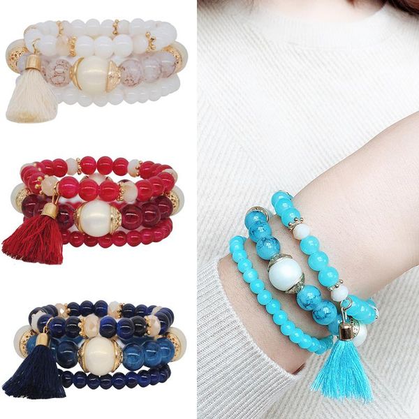 

women fashion bohemian style sweet candy color wild multi-layer elastic rope bracelet female tassel bracelets jewelry accessories, Golden;silver