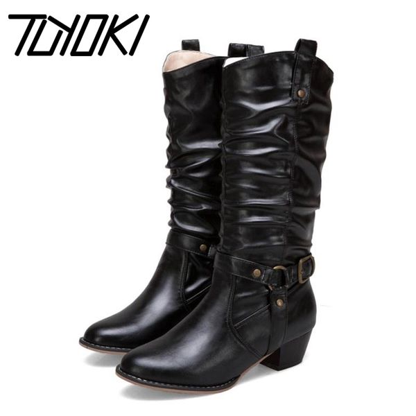 

tuyoki plus size 34-50 vintage women high heels boots buckle round toe mid calf boots party warm shoes women footwear, Black