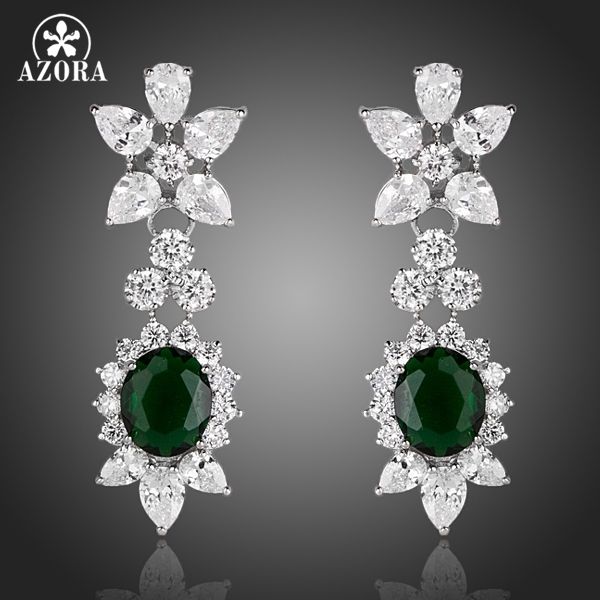 

azora attractive dangling clear and dark green cubic zirconia flower drop earrings te0103, Silver