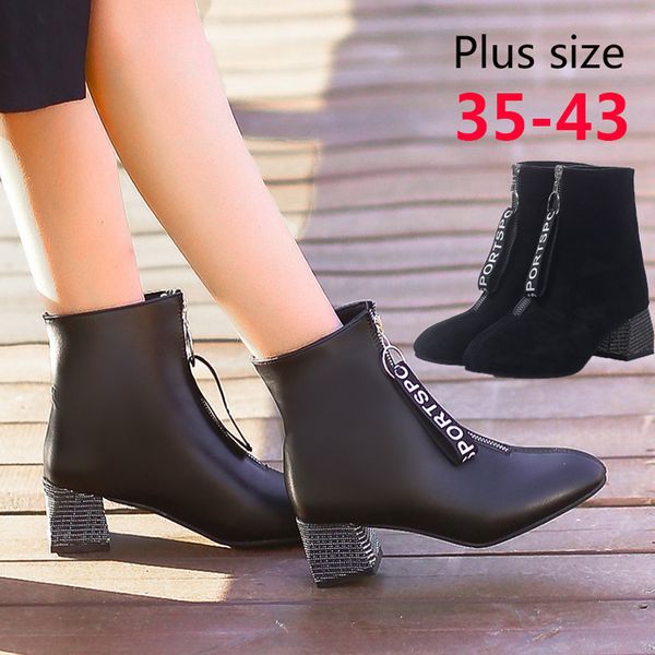 

35-43 leather waterproof snow boots women shoes leisure rome large size solid zipper med square heels short boot chaussures femm, Black
