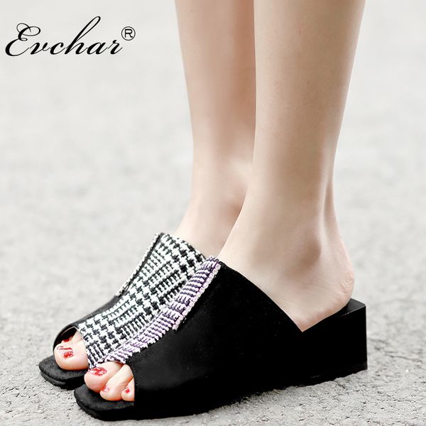 

evchar women med heels slides with crystal peep toe gingham fish mouth strip shoes slippers zapatos black yellow plus size 32-48