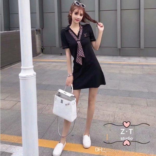 

polo shirt monogram print short sleeve fashion medium length loose tee shirt dress with tie (detachable) ing, White