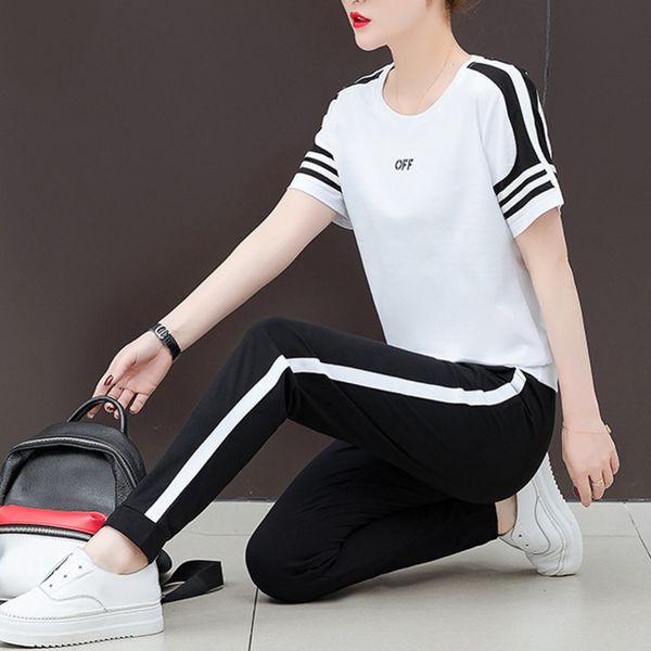 

2pcs short sleeve sportswear suits women casual pants set tracksuit, White;black