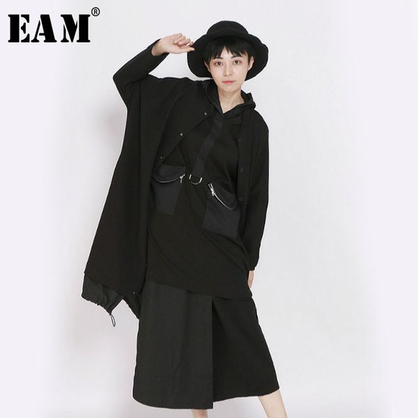

eam] 2019 spring woman black color long sleeve hooded single breasted spliced zipper pockets long loose coat all match li097, Black;brown