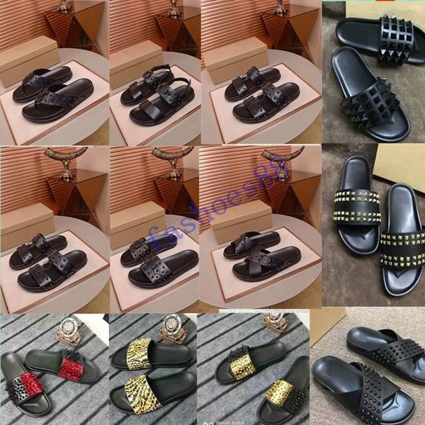 

2020 men women slippers red bottoms luxury designer spikes ladies beach slipper tide male home slippers non-slip leather mens casual shoes, Black