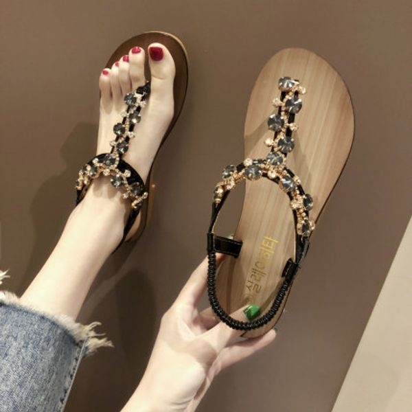 

sandals female fairy wind 2020 summer new flat sandals elastic band rhinestone herringbone beach shoes, Black
