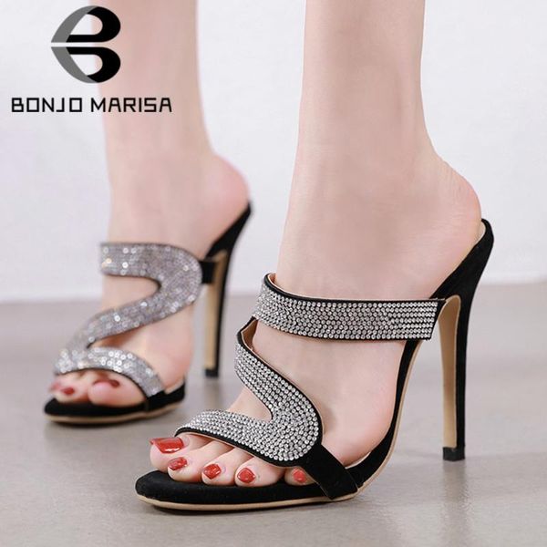 

dress shoes bonjomarisa design summer mules fashion thin high heels women 2021 trendy bling crystal woman, Black