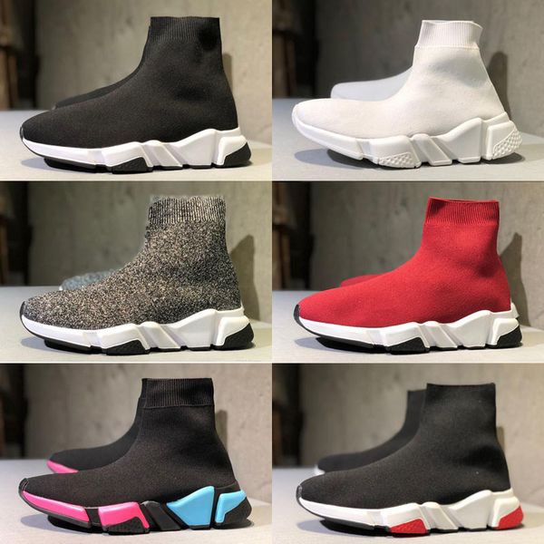 

2019 knit socks shoes mens womens sneakers speed trainer high race runners black white slip-on triple s running shoes