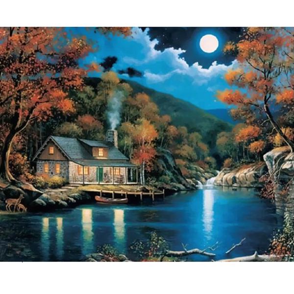 

digital oil painting by numbers landscape wall decor picture on canvas river moon oil paint coloring by number drawing e430