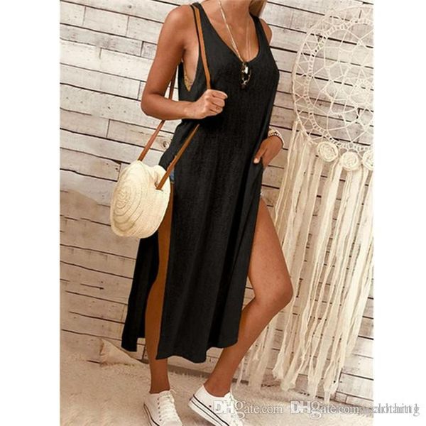 

womens solid color fashion slit dress summer sleeveless loose short sleeve roun neck dress, Black;gray