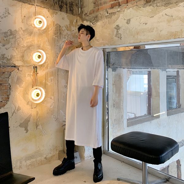 

men short sleeve side slit long style t shirt male streetwear hip hop punk gothic black white tshirt women dress tees shirts, White;black