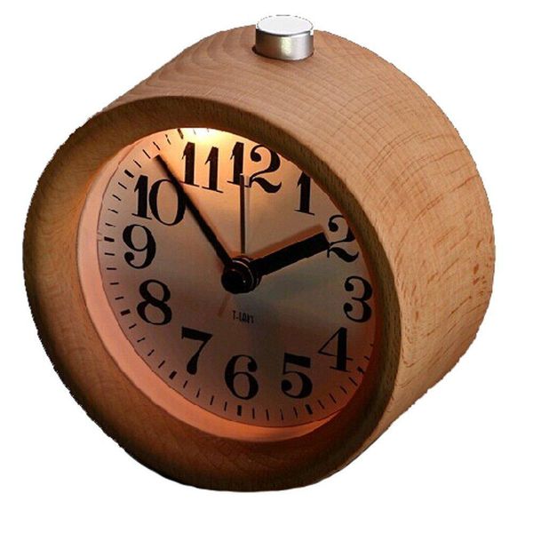 

dishykooker singeek classic small round wood grain mute table alarm clock with nightlight