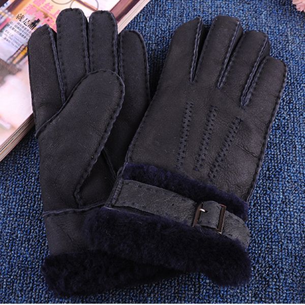 

2018 new arrival men' gloves real genuine leather sheepskin mittens warm winter for fashion male luvas, Blue;gray