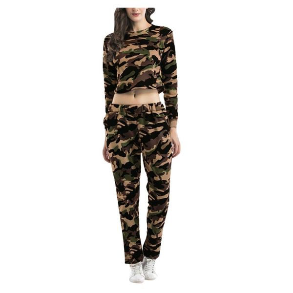 

women's camouflage sports set o-neck short sweatshirt trousers women's suit sport-wear outdoor running fitness suit clothing, Black;blue