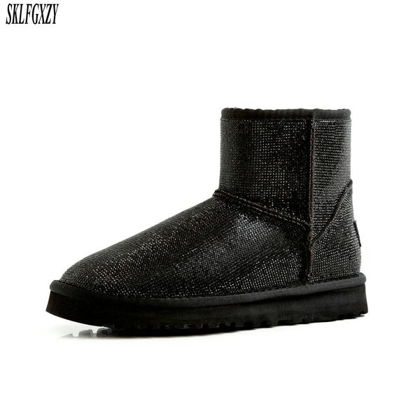 

2019 boots women snow boots bling crystal cow suede genuine leather platform ankle thicken fur plush shoes woman size34-42, Black