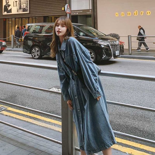 

2020 spring and autumn new youth popular solid color loose denim trench coat fashion casual wild long coat jacket blue s-xl, Tan;black
