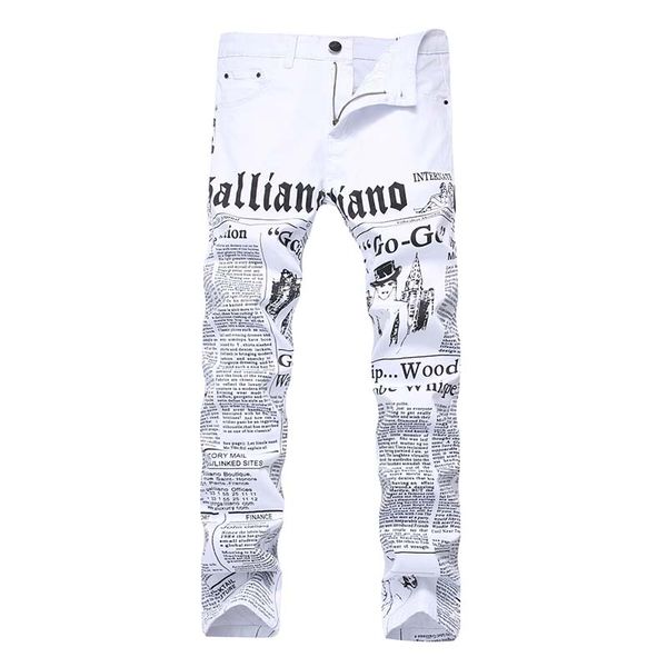 Jeans estampados masculinos calças jeans pintadas palavras casuais elástico alto elástico moderno reto cintura média