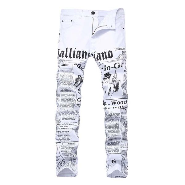 

2019 men print jeans painted denim pants words casual high elastic stretchy fashionable straight mid waist ing, Blue