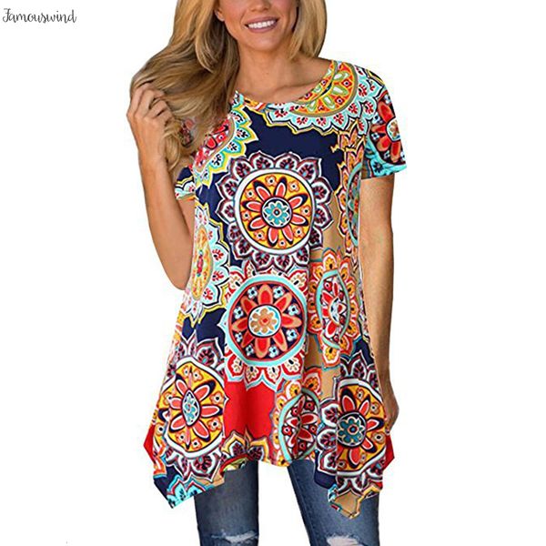 

с коротким рукавом туники блуза весна цветочные printed лето топы рубашки втулки o шеи асимметричный женщины свободная блуза, White