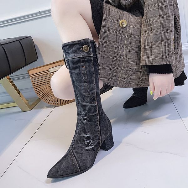 

women knee-high long boots fashion pointed toe square heel casual shoe woman zipper solid color denim warmer hiking snow boots, Black
