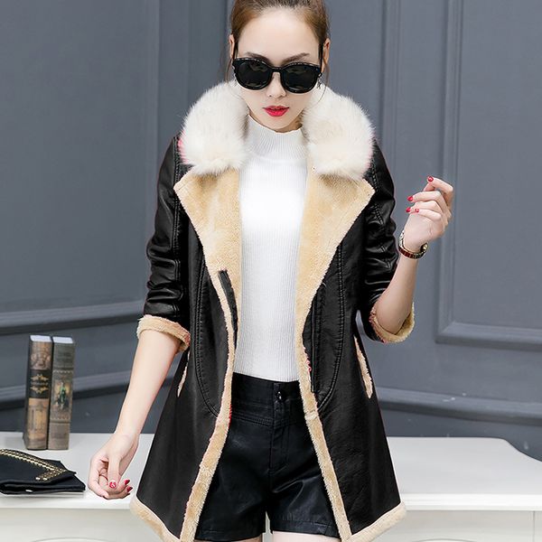 

winter women faux fur collar coats fashion pu leather thick warm overcoat jacket casual long sleeve loose coat casaco feminino, Black
