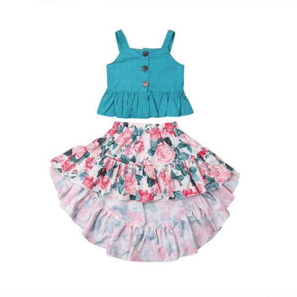 

2018 new summer boho holiday sets 2pcs ruffles single breasted blue vest +floral print skirts outfit 2-7y, White