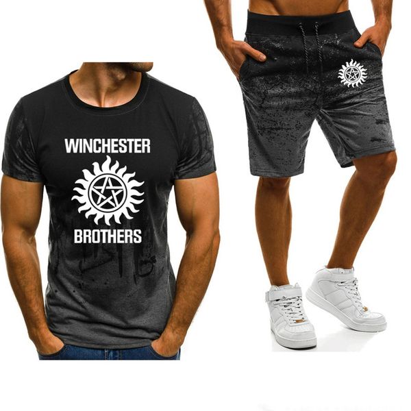 

men's short sleeve supernatural men winchester bros printed ashion casual gradient men's t-shirt+pants suit 2pcs tr