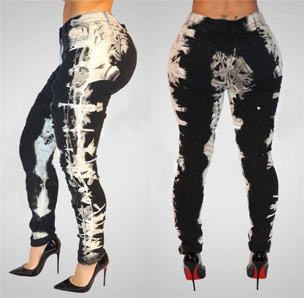 

painted women designer jeans fashion black color mid waist ripped pencil pants new style women trousers graffiti, Blue