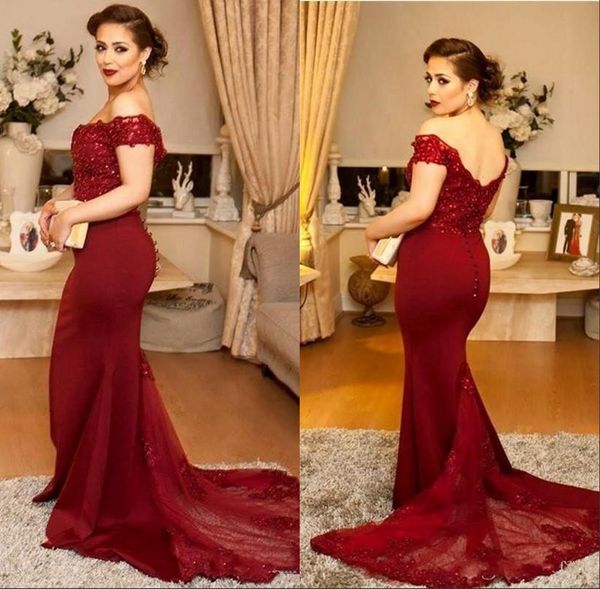 

vintage burgundy off shoulder mother dresses mermaid lace appliques sweep train mother of the bride dresses women formal dress, Black;red