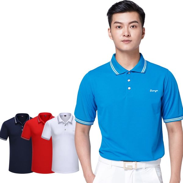 

2019 men's short sleeve golf shirt sportswear turn down collar training apparel breathable quick-dry d0665, Black;blue