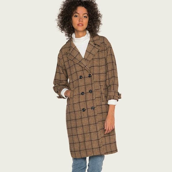 

women's long trench coat plaid jacket retro woolen coat female plaid vintage turn-down collar double breasted mujer elegante, Black