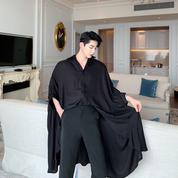 

men stage show long shirts male women street gothic punk irregular big hem bat short sleeve oversize loose black white shirt, White;black