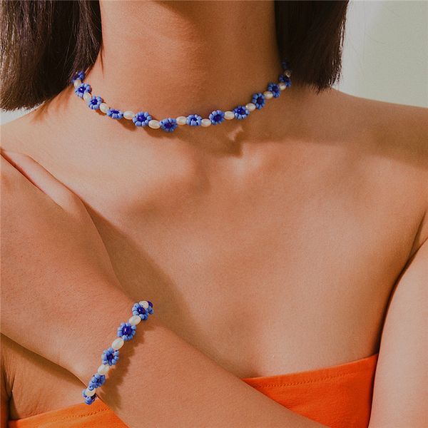 

europe and america bohemian handmade geometric simple daisy pearl beaded bracelet necklace for women fashion jewelr, Golden;silver
