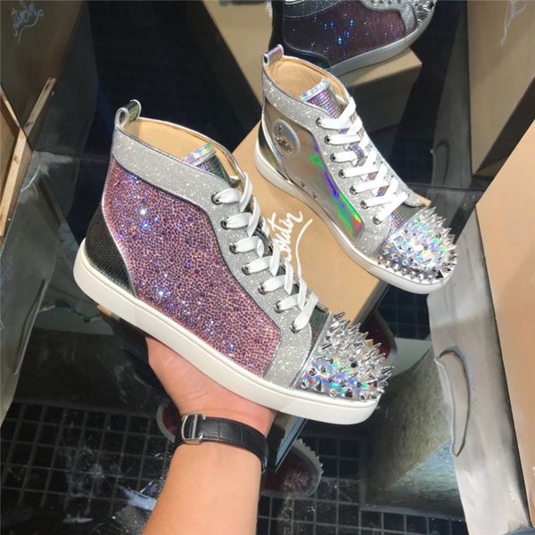 

version luxury fashion rivet men's shoes stitching graffiti high-shoes red bottom couple rhinestone women's shoes size 35-47 27, Black
