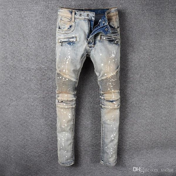 

mens retro fold skinny jeans fashion designer pleated panelled painted zipper slim fit motorcycle biker hip hop denim pants 990, Blue