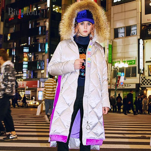 

2018 new arrival women winter thick down coats fur collar spliced velvet long hooded coats, Black